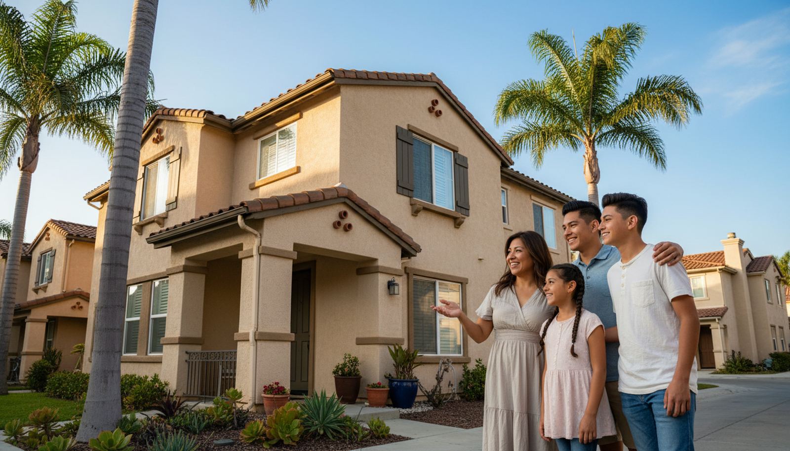 Familia frente a su casa en un vecindario de San Diego